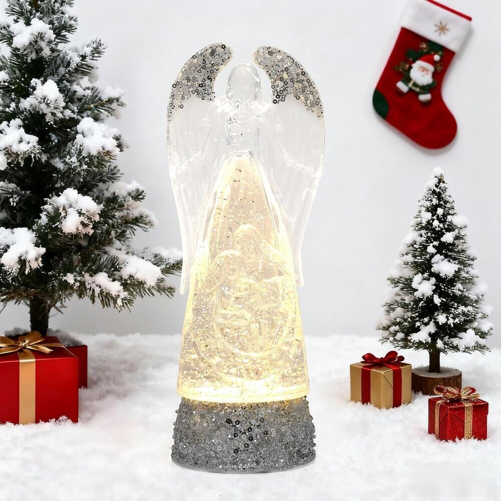 Angel Christmas Water Globe Lantern, Silver Glitter, Battery/USB, 6H Timer